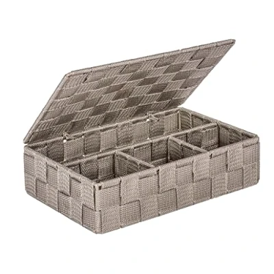 Abbildung von WENKO Badorganizer Mod. Adria klein Aufbewahrungsbox für Bad und Haushalt in Taupe mit Deckel aus Kunststoff Geflecht Maße 26 x 7,5 17 cm