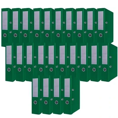 Abbildung von OFFICE PRODUCTS 24er Pack Ordner Grün A4/75 mm/Papier Pappe/Kunststoffbezug PP Schlitzordner Büroordner Pappordner Aktenordner Metall Kantenschutz