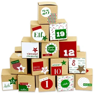 Abbildung von Papierdrachen DIY Adventskalender zum Befüllen 24 Kisten Basteln Motiv Rot grün naturbraune Schachteln aus 400g/m² Karton Aufstellen und Dekorieren Boxen Weihnachten