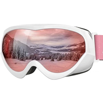 Abbildung von OutdoorMaster Kinder Skibrille Helmkompatible Schneebrille für Jungen &amp; Mädchen mit 100% UV Schutz VLT 28% Weißer Rahmen Rose Rote Linse