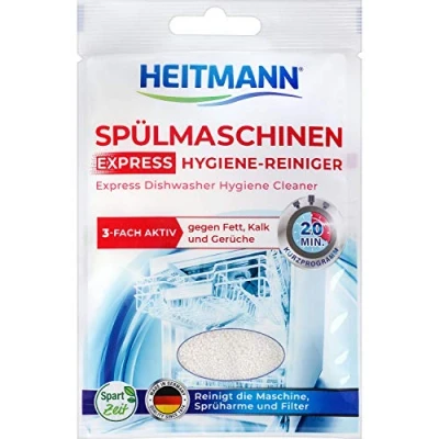 Abbildung von HEITMANN Express Spülmaschinen Hygiene Reiniger: Dreifach aktiv Formel gegen Fett, Kalk und Gerüche, Maschinenpflege im Kurzprogramm, Reinigt Geschirrspüler, Sprüharme &amp; Filter, 30 g