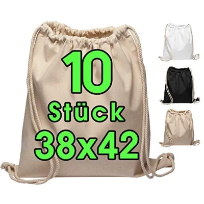 Abbildung von Baumwollbeutel 10 Stück 38x42cm Sportbeutel Rucksack Stofftasche Turnbeutel Bag, Beutel, Baumwollbeutel, Jutebeutel OEKO TEX® zertifiziert Stoffbeutel Einkaufsbeutel Gym Sac Sack zum bemalen Natur