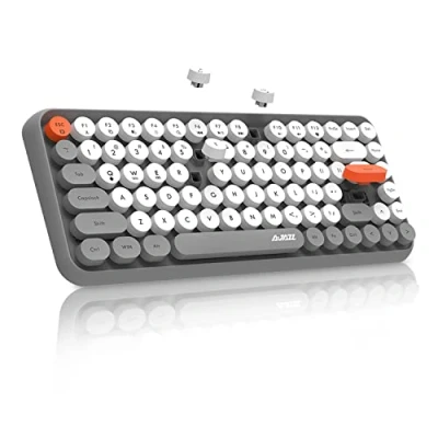 Abbildung von FELiCON 308i Kabellose Retro Tastatur, Bluetooth Silent Cute Computer Tastatur mit Runder Punk Tastenkappe, Matte Textur Kompakte 84 Keys, QWERTY, Typewriter Design für PC, Laptop, Mac Grau