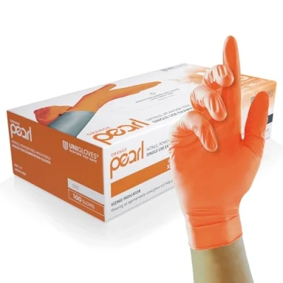 Abbildung von UNIGLOVES Orange Pearl Nitril GP0134 Untersuchung, Mehrzweck , puder und latexfrei, Größe L, Box mit 100 Handschuhen