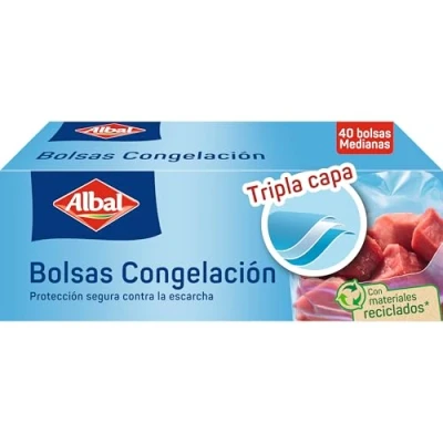 Abbildung von Albal Gefrierbeutel, 3 Liter, hergestellt aus 70% recycelten Materialien, dreilagig, robust, wiederverwendbar, recycelbar, 40 mittelgroß, BPA frei