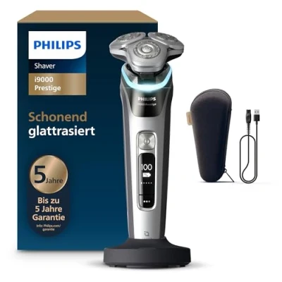 Abbildung von Philips Rasierer i9000 Prestige, Nass und Trockenrasierer für Männer mit integriertem Trimmer, dunkelgrau silber, Drucksensor, Ladestation Reiseetui (Modell XP9204/10)