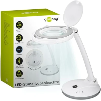 Abbildung von goobay 60363 Dimmbare LED Lupenleuchte/Lupenlampe mit Standfuß/Standlupe Licht / 6 W Leistungsaufnahme/Farbtemperatur 6500 K/Lichtstrom 450 lm/Betriebsspannung 230 V (AC), Weiß