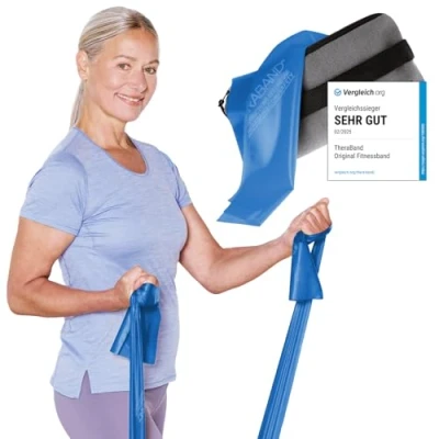 Abbildung von TheraBand 2,50m inkl. Türanker + Tasche blau Widerstand 2,6kg Terrabänder Gymnastikband Fitnessband Stretchband Heimtraining, Krafttraining, Rückenübungen, Therapie, Reha 100% Naturlatex