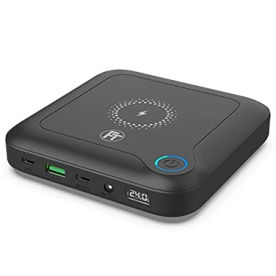 Abbildung von FeinTech PLG02400 Laptop Powerbank 60W PD USB C und DC Anschluss für Notebook, MacBook, iPad, Tablet, Smartphone, Kamera, Nintendo Switch, 10W Wireless Charging, 88Wh, 24000mAh, 122 x 28 mm