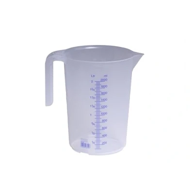 Abbildung von hünersdorff Messbecher 2l Polypropylen (PP) bruchsicher und spülmaschinengeeignet offener Griff blaue Skala, Transparent+blau