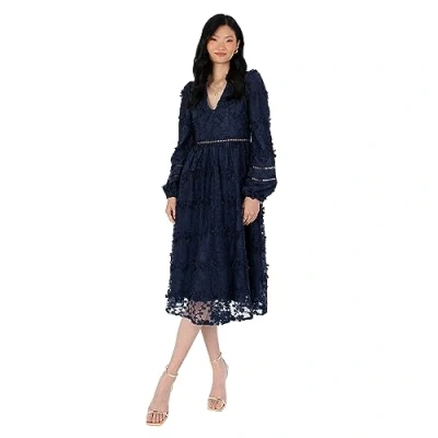 Abbildung von Maya Deluxe Women&#039;s Womens Midi Ladies Floral Embroidered Lace Long Sleeve V Neck for Wedding Guest Bridesmaid Prom Occasion Ball Gown Dress, Navy, 48