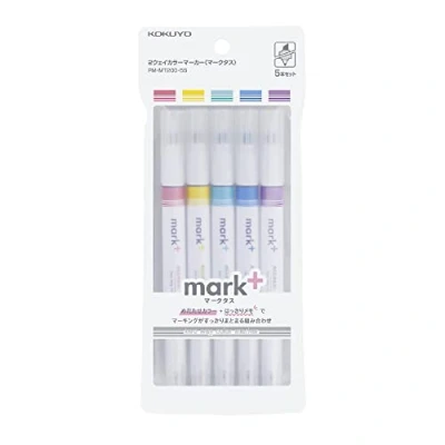 Abbildung von KOKUYO 2 Wege Pastell Textmarker, 5 Farben, Mark+ Marker mit zwei Spitzen, schnell trocknend, Keilspitze, feine Spitze, Stück in Rosa, Blau, Grün, Lila, Gelb