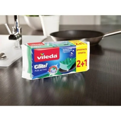 Abbildung von Vileda Glitzi PurActive Reinigungsschwamm, entfernt selbst hartnäckigsten Schmutz ohne zu Verkratzen, geeignet für empfindliche Oberflächen, leicht ausspülbar, Farbe grün, 2+1 Sparpack