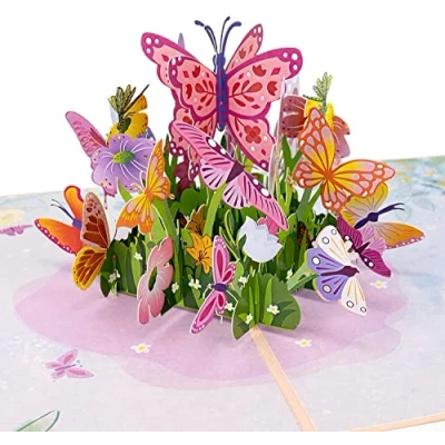 Abbildung von LIMAH® Pop Up Grußkarte/Geburtstagskarte, Valentinstag Karte, Muttertag Dankeskarte, Geschenkkarte, Karte zur Genesung, Freundschaftskarte/Schmetterlinge und Blumen Motiv/Apricot/Groß
