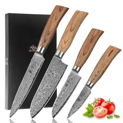 Abbildung von Wakoli EDIB Pro Premium 4er Damastmesser Set mit 8 17 cm Klingen gefertigt aus 67 Lagen echtem Damaststahl Pakkaholzgriff und Holzbox I Küchenmesserset Profi Kochmesser
