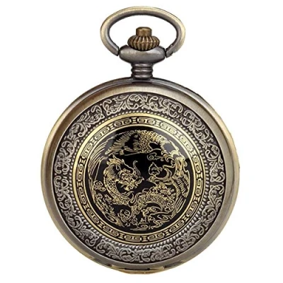 Abbildung von JewelryWe Retro Taschenuhr Drachen Phönix Herren Kettenuhr Analog Quarz Uhr mit Halskette Kette Pocket Watch