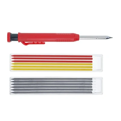 Abbildung von TOOL ELITE Tieflochmarker Set inkl. 12 Ersatzminen (6x grau, 3x rot, gelb) ideal für Baustelle Bleistift, Tiefenlochmarker, Zimmermannsbleistift, Baubleistift, Lochmarkierer