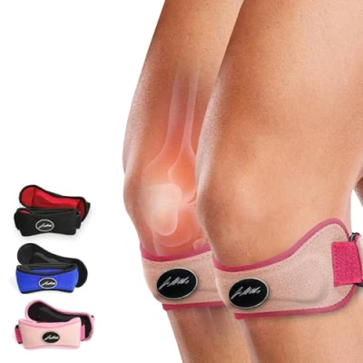 Abbildung von Dr. Arthritis Von Ärzten Entworfen Patellasehnenbandage/Kniebandagen und Handbuch, Verstellbare Bandage Damen/Männer — Kniestütze für Meniskus, Patellasehnenentzündung, Läuferknie [Pink, Paar]
