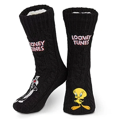 Abbildung von Looney Tunes Lustige Damen Socken, Stoppersocken Damen, Warme Kuschelsocken (Schwarz)