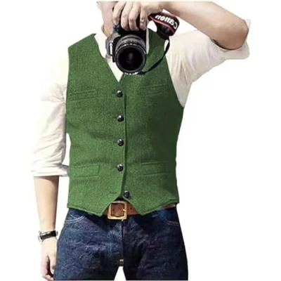 Abbildung von Solovedress Herren Casual Wolle Fischgrätmuster Anzug Weste V Ausschnitt Tweed für Hochzeit Groomsmen(Grün.XL)