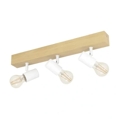 Abbildung von EGLO Deckenlampe Townshend 3, 3 flammiger Vintage Deckenspot im Industrial Design, Retro Lampe aus Stahl und Holz, weiß, braun, E27 Fassung