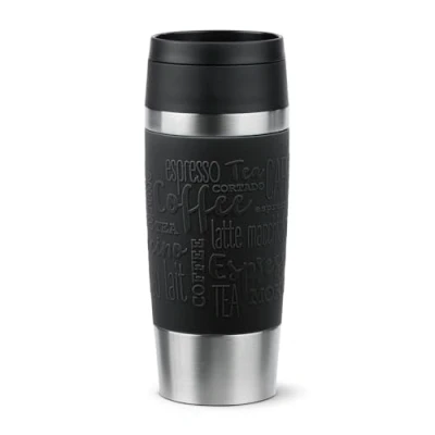 Abbildung von Emsa N20202 Travel Mug Classic Isolierbecher 0,36 Liter , neuer Komfort Schraubverschluss Edelstahl 4h heiß und 8h kalt 100% dicht spülmaschinenfest 360 Trinköffnung Schwarz