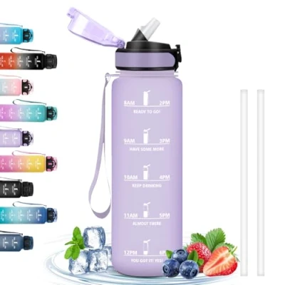 Abbildung von Trinkflasche 1l, Flasche mit Strohhalm, Sport Motivierendem Slogan, Zeitmarkierung, Auslaufsicher, Wasserflasche für Fahrrad, Schule, Camping, Wandern, Running, Lila