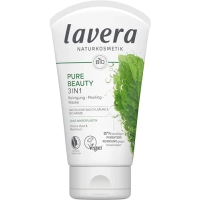 Abbildung von lavera Pure Beauty 3in1 Reiniung Peeling Maske porentiefe Reinigung gegen Unreinheiten reduziert Mitesser vegan Naturkosmetik