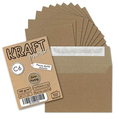 Abbildung von 100x Briefumschläge DIN C6 Kraftpapier Braun außen Grau innen Vintage Recycling Kuverts mit Haftklebung 114 x 162 mm