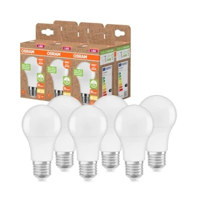 Abbildung von Osram LED STAR CLASSIC A 60 FR Lampe, E27, klassische Kolbenform, weiß, 8,5W, 806lm, 2700K, warmweißes Licht, sehr geringer Energieverbrauch, mit recyceltem Kunststoff, 6 Pack