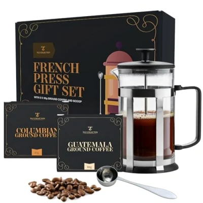 Abbildung von Kaffeemaschine für gemahlenen Kaffee mit gemahlenem und Messlöffeln, Geschenk Set Weihnachts Geschenke Männer, Coffee Gifts, Cafetiere French Press