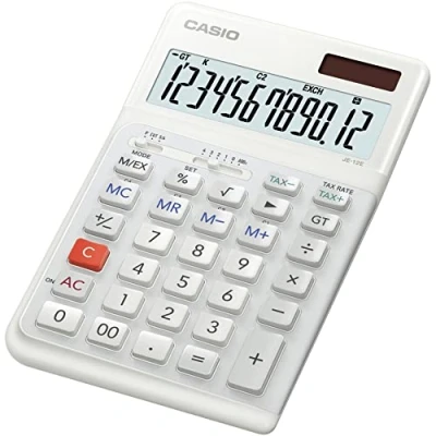 Abbildung von Casio ergonomischer Tischrechner JE 12E WE, 12 stellig, Tastatur in Treppendesign, vertikale Tastenanschläge, Steuerberechnung, Währungsumrechnung, Vorzeichenwechsel, Solar/Batteriebetrieb