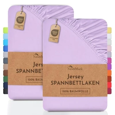 Abbildung von NatureMark 2er Pack Kinder Jersey Spannbettlaken, Spannbetttuch 100% Baumwolle in vielen Größen und Farben MARKENQUALITÄT ÖKOTEX Standard 100 70x140 cm Flieder/Lavendel