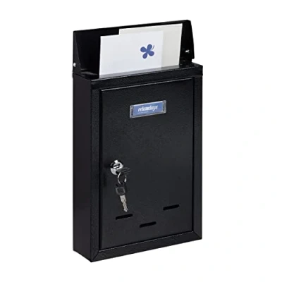 Abbildung von Relaxdays Letter Box with Name Plate Briefkasten mit Namensschild, Metall, 2 Schlüsseln, Postkasten schmal, HxBxT: 30,5 x 21 7 cm, schwarz, 90% Eisen 10% Kunststoff