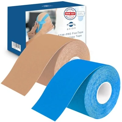 Abbildung von axion Kinesiologie Tape 2er Set 500x5cm 2 Rollen wasserfeste, hautfreundliche, elastische und selbstklebende Bandage Physio optimal für Sport &amp; Alltag (Blau Beige)