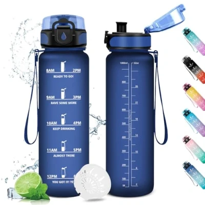 Abbildung von KollyKolla Trinkflasche 1L, Sport Wasserflasche mit Filter, Motivierende Zeitmarkierung, Auslaufsicher, für Fitness, Camping, Fahhrad, Outdoor, Erwachsene