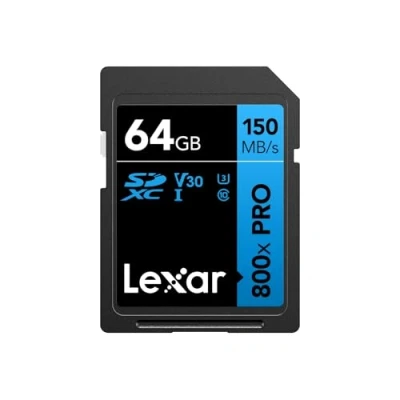 Abbildung von Lexar High Performance 800x PRO SD Karte 64GB, SDXC UHS I Karte, 3.0 mit bis zu 150 MB/s Lesegeschwindigkeit, V30, U3, C10 Speicherkarte für kameras/Mittelklasse DSLR( LSD0800P064G BNNAA)