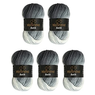 Abbildung von 5 x 100g Wollbiene Batik 500 Gramm Wolle mit Farbverlauf mehrfarbig Multicolor Strickwolle Häkelwolle (5000 schwarz grau weiß)
