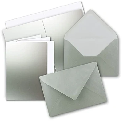 Abbildung von 10 x Faltkarten Set DIN A5 Silber Metallic inkl. Umschlägen C5 und passenden Einlegeblättern in Weiß blanko Klappkarten 14,8 21 cm