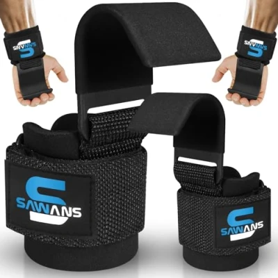 Abbildung von SAWANS Gewichtheberhaken, Handgelenkstütze gepolstert, Neopren, gummierte Stange, 8 mm, Power Handgelenkriemen Paar Hebebänder mit Haken, Fitness Hakenstange, Gewichtheben (Schwarz)