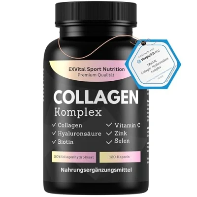 Abbildung von Collagen Hyaluronsäure Komplex, 120 Kapseln vom Weiderind, angereichert mit Biotin, Vitamin C, B2, Zink &amp; Selen, 1000mg Collagenhydrolysat pro Tag