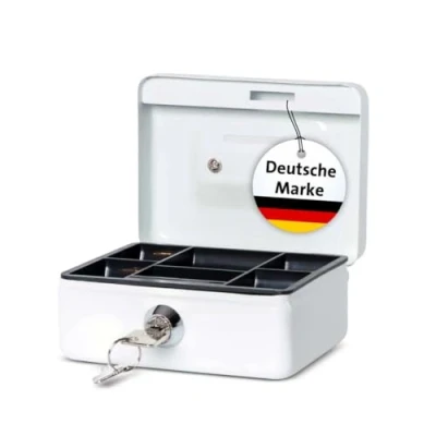 Abbildung von MAUL Geldkassette aus Stahl 12,5x10,5x6,1cm Kasse mit Münzeinwurfschlitz abschließbar und tragbar geeignet als Spardose, Kaffeekasse, Sparkasse, Trinkgeldkasse Weiß