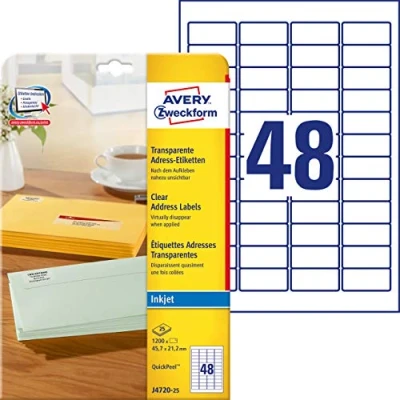 Abbildung von AVERY Zweckform J4720 25 Adressetiketten/Adressaufkleber (1.200 Etiketten, 45,7x21,2mm auf A4, bedruckbar, selbstklebend, für Absenderetiketten, Polyesterfolie, Inkjet Drucker) Blatt, transparent