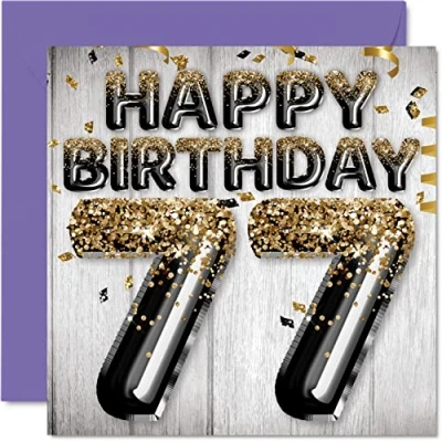 Abbildung von Geburtstagskarte zum 77. Geburtstag für Männer schwarze und goldene Glitzerballons Happy Karten 77 Jahre alten Mann Papa Great Grandad Grandpa Gran 145 mm Siebzig Siebziger Grußkarten Geschenk