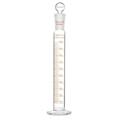 Abbildung von stonylab Messzylinder mit Stopfen, 100 ml aus Borosilikatglas 24/40 Standard Gelenk und flachem Kopfstopfen, 1 Packung