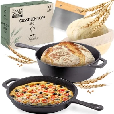 Abbildung von Chefarone Gusseisen Topf 2in1 inkl. Gärkorb und Teigschaber. Brotbackform mit Deckel 3L. Bräter Backofengeeignet. Brot Backen zu Hause. Gusseisenpfanne Dutch Oven
