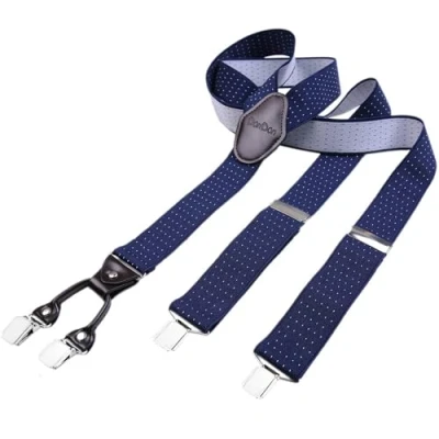 Abbildung von DonDon Hosenträger Herren extra stark 3,5 cm breit mit 4 Clips in Y Form und braunem Leder Patch, dunkelblau weiß gepunktet