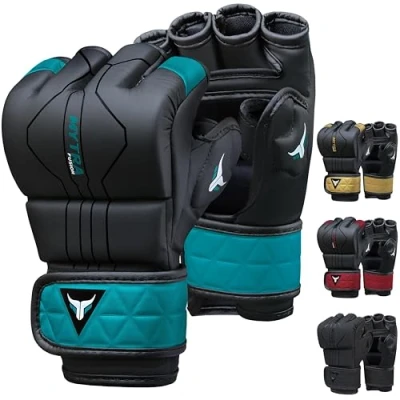 Abbildung von Mytra Fusion MMA Handschuhe mit offener belüfteter Handfläche Sparring Kickboxen, Grappling, Training, Cage Fighting Mixed Martial Arts (M, Black/Turquoise)
