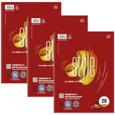 Abbildung von Staufen Ursus Style Collegeblock, 3 Stück, DIN A4, Lineatur 28 (kariert mit Randlinien), 160 Blatt, 4 fach Lochung, premiumweißes 70g/m² Recyclingpapier, Green