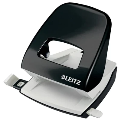 Abbildung von Leitz Büro Locher aus Metall, Für 30 Blatt, Anschlagschiene mit Formatvorgaben, Ergonomisches Design, schwarz, WOW Serie, 50081095